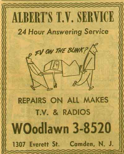 1307 Everett Street — Albert's T.V. Service, 1955 NJ Bell Yellow Pages ad