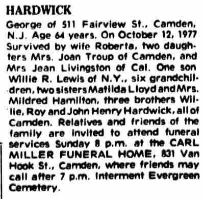 Hardwick obituary, Camden Courier-Post, October 14, 1977