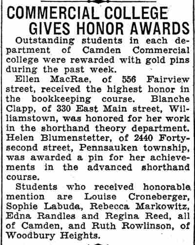 Commercial College Gives Honor Awards, Camden Courier-Post, June 16, 1932