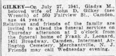 Gilkey death notice, July 1941