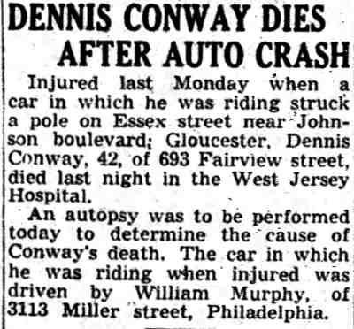 Dennis Conway Dies After Auto Crash, Camden Courier-Post, October 11, 1941