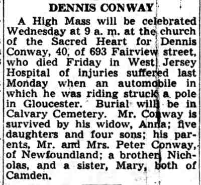 Dennis Conway obituary, Camden Courier-Post, October 13, 1941
