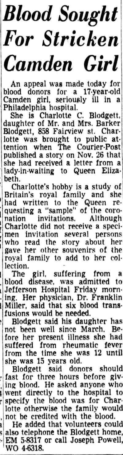 Blood Sought For Stricken Camden Girl, Camden Courier-Post, December 27, 1952