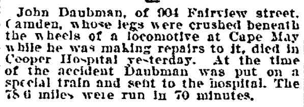 John Daubman killed at Cape May, Philadelphia Inquirer, July 29, 1906
