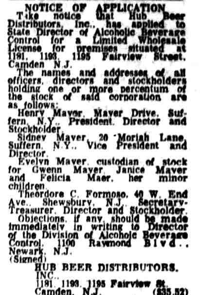 Hub Beer Distributors notice of application, Camden Courier-Post, June 8, 1970