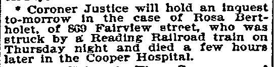 Rosa Bertholet inquest notice, Philadelphia Inquirer, November 18, 1894