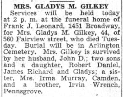 Mrs. Gladys M. Gilkey funeral notice, July 31, 1941