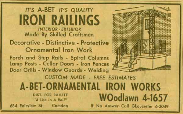 A-Bet Ornamental Iron Works, 684 Fairview Street, 1955 New Jersey Bell Yellow Pages