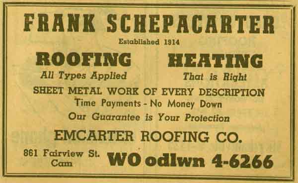 Emcarter Roofing Company, 861 Fairview Street, 1955 New Jersey Bell Yellow Pages