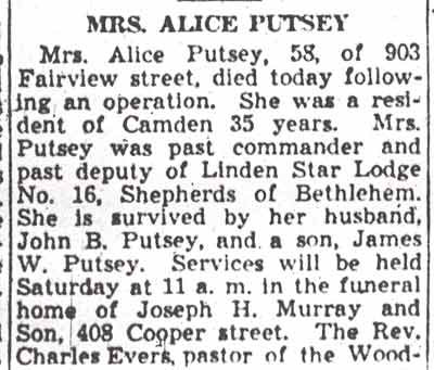 Mrs. Alice Putsey obituary, Camden Courier-Post, June 14, 1944