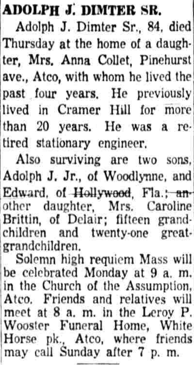 Adolph J. Dimter Sr. obituary — Camden Courier-Post, October 4, 1957
