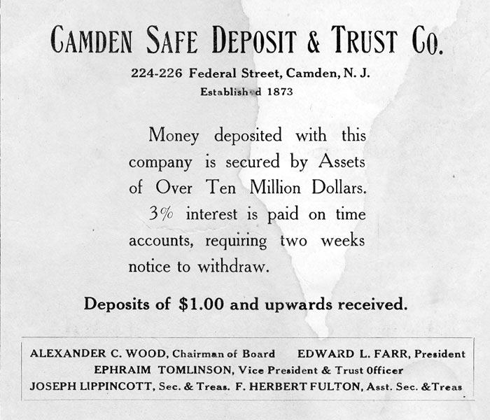 Camden Safe Deposit & Trust Company advertisement, 1919 Camden High School yearbook