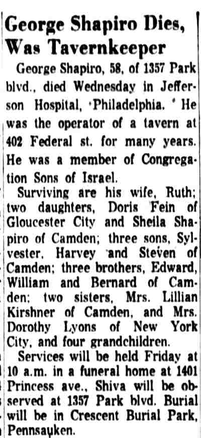 George Shapiro obituary, 1357 Park Boulevard, Camden Courier-Post, July 27, 1961