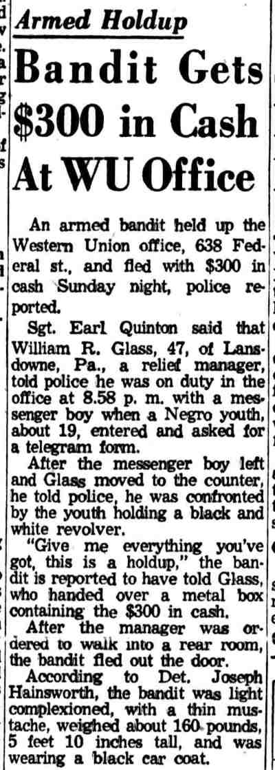 Bandit Gets $300 in Cash At WU Office - Camden Courier-Post, December 29, 1958