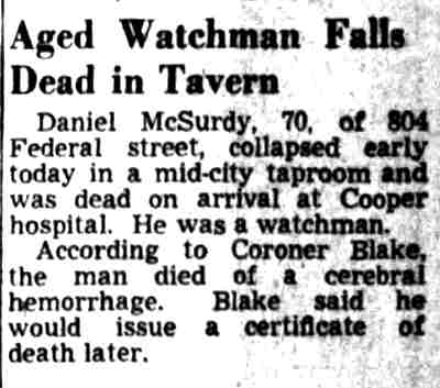Aged Watchman Falls Dead in Tavern - Camden Courier-Post, December 24, 1948