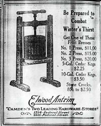 Elwood Antrim Hardware advertisement — Be Prepared to Combat Winter's Thirst — Camden's Two Leading Hardware Stores — 1514 Federal Street and 2601 Federal Street — Camden Courier-Post, August 1921