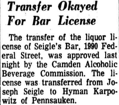 Transfer Okayed For Bar License, Camden Courier-Post, March 8, 1966