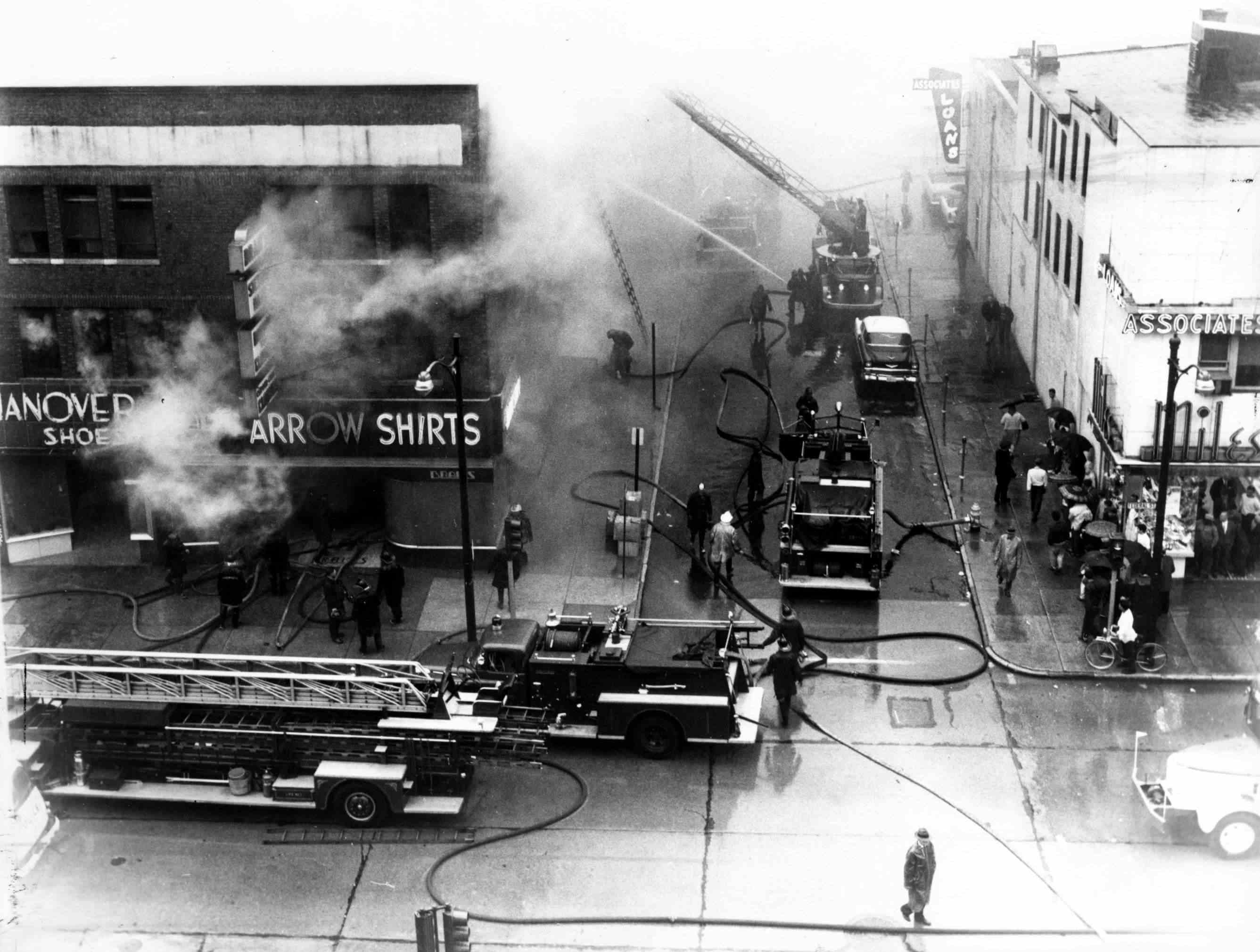 Looking South on Hudson Street, May 18, 1960 — Fire at Brait's men's furnishing