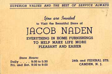 Business card for Jacob Naden's 24th and Federal Street store, reverse