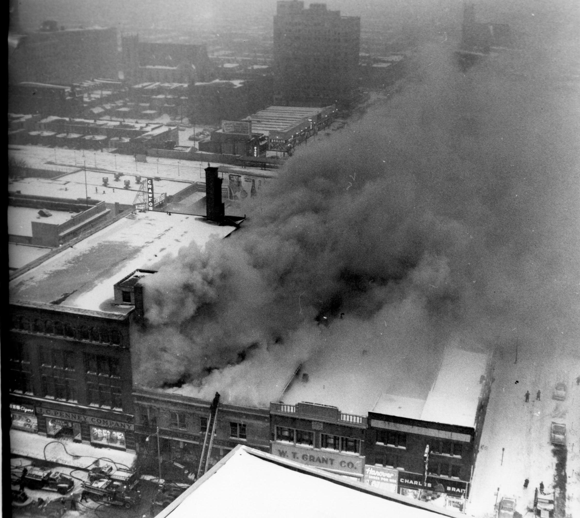 Looking South at Hudson Street from City Hall, February 3, 1961 — Fire at F.W. Woolworth store, 548-550 Federal Street