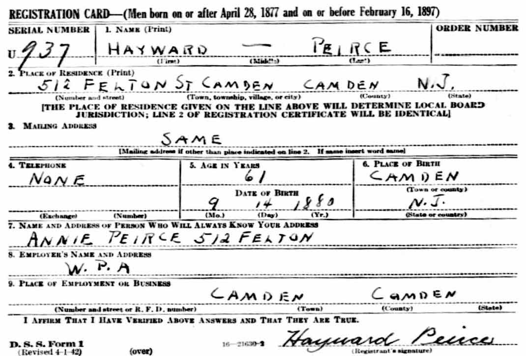 Hayward Peirce — World War II Draft Registration Card, 1942