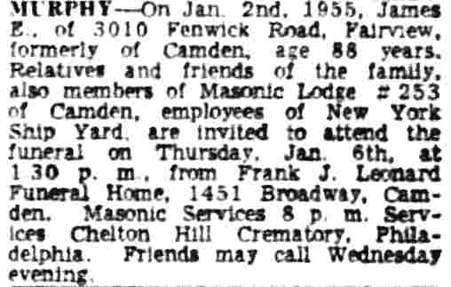James E. Murphy death notice, Camden Courier-Post, January 4, 1955