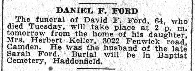 Daniel F. Ford death notice, Camden Courier-Post, June 17, 1932