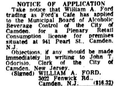 Notice of Application, Ford's Cafe, Camden Courier-Post, June 8, 1970