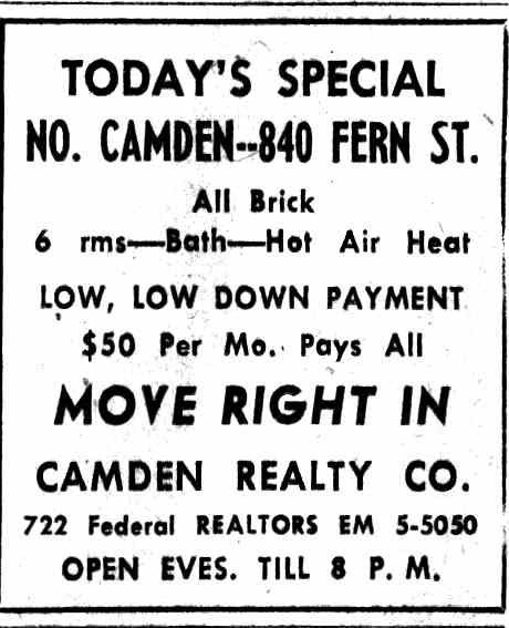 Real Estate — 840 Fern Street — Camden Courier-Post, November 12, 1955