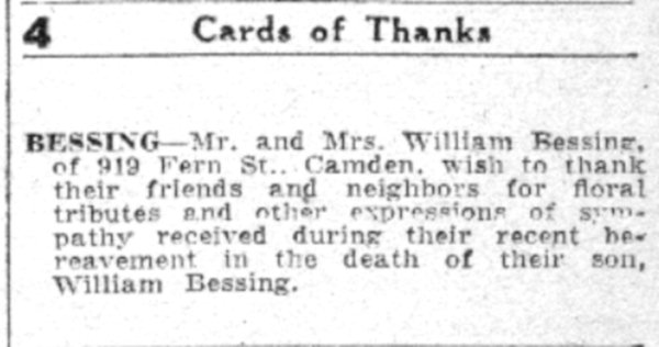Cards of Thanks — Bessing, 919 Fern Street — Camden Courier-Post, June 2, 1932