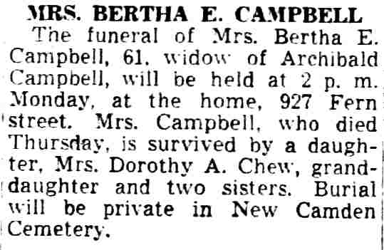 Mrs. Bertha E. Campbell obituary — Camden Courier-Post, June 22, 1940