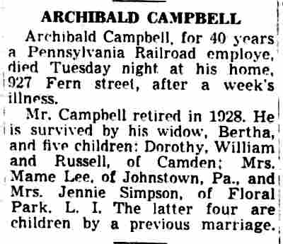 Archibald Campbell obituary — Camden Courier-Post, October 6, 1938