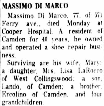 Massimo DeMarco family article, Camden Courier-Post, August 16, 1961