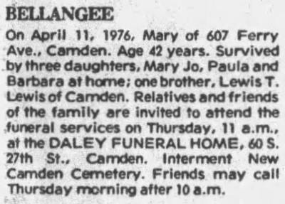 Mary Bellangee article, Camden Courier-Post, April 4, 1976