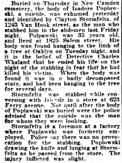 Isadore Poplowski, suicide, 1825 Salem Street, Philadelphia Inquirer, August 4, 1923