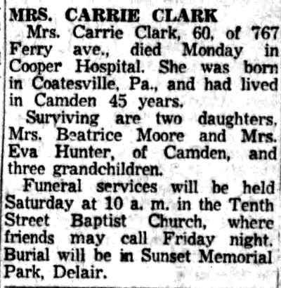 Mrs. Carrie Clark article, Camden Courier-Post, January 16, 1956