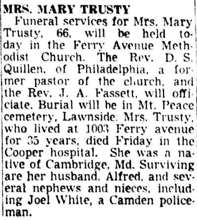 Alfred Trusty death notice, Camden Courier-Post, September 26, 1951