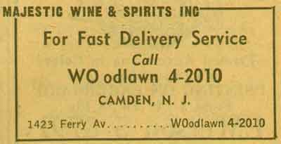Majestic Wine & Spirits New Jersey Bell Yellow Pages ad, 1955
