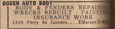 Ogden Auto Body New Jersey Bell Yellow Pages advertisement, 1955