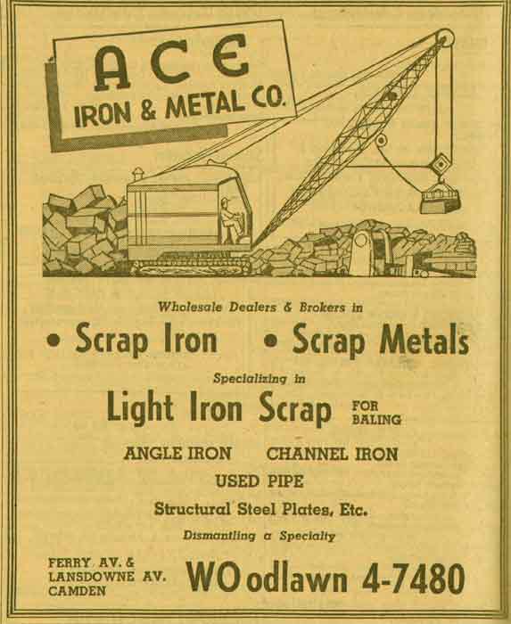 Ace Iron & Metal Company New Jersey Bell Yellow Pages advertisement, 1955