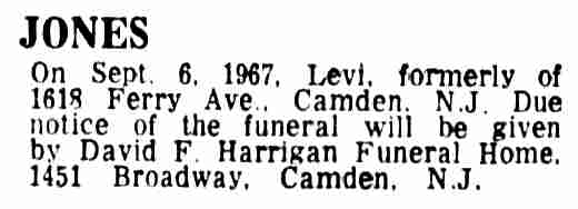 Levi Jones death notice, Camden Courier-Post, September 7, 1967