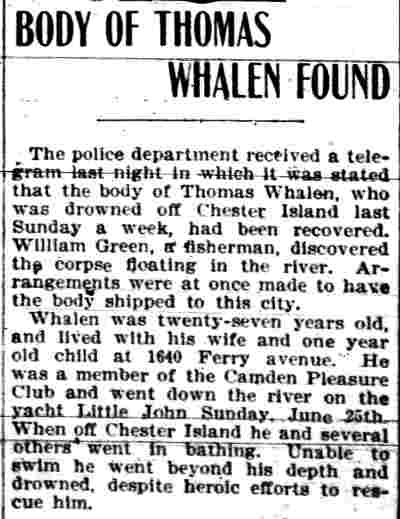 Body of Thomas Whalen Found, Camden Daily Courier, July 6, 1905