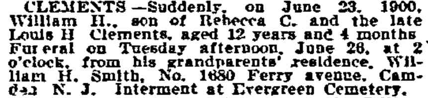 William H. Clements death notice, Philadelphia Inquirer, June 26, 1900