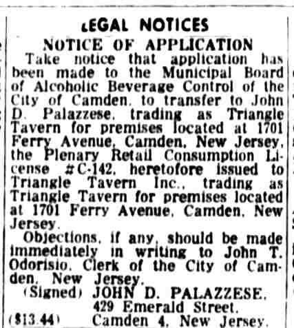Triangle Tavern, John D. Palazzese, Camden Courier-Post, June 5, 1963
