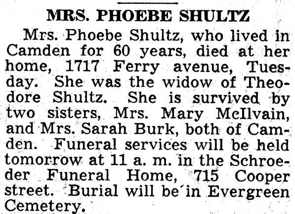 Mrs. Phoebe Shultz obituary, Camden Courier-Post, February 24, 1938