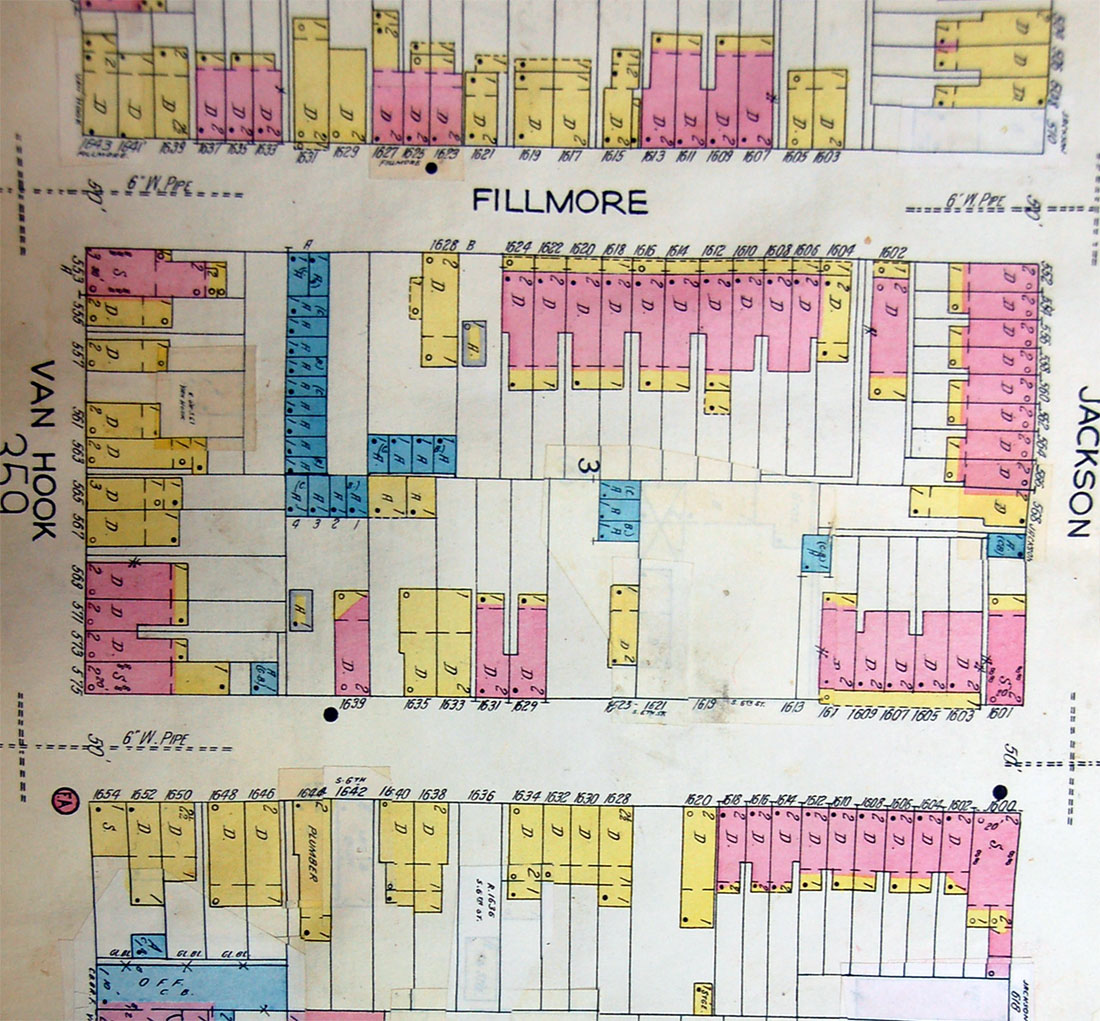 Sanborn Fire Insurance Map, 1600 block of Fillmore Street, 1962 (enlarged)