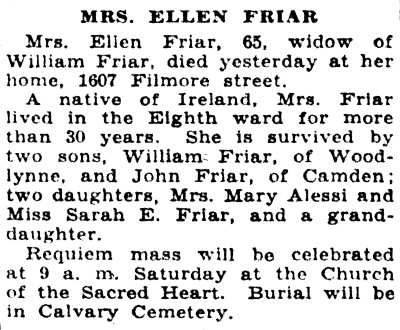 Obituary for Mrs. Ellen Friar, 1607 Fillmore Street, April 1937