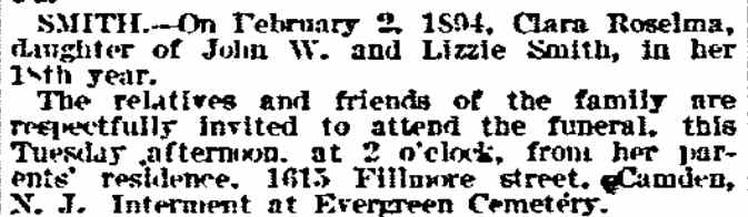 Death notice for Clara Roselma Smith, daughter of John W. and Lizzie Smith, 1615 Fillmore Street, 1894