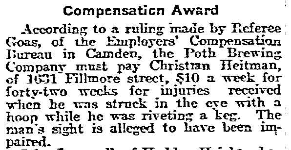 Newspaper clipping about workman's compensation award for Christian Heitman of 1631 Fillmore Street, March 1918
