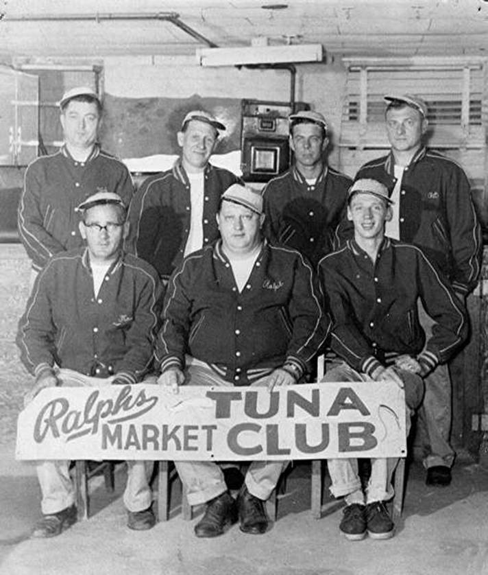 Photo of Ralph Pawlowski and others at Ralph's Meat Market, 1701 Fillmore Street, ca. 1949